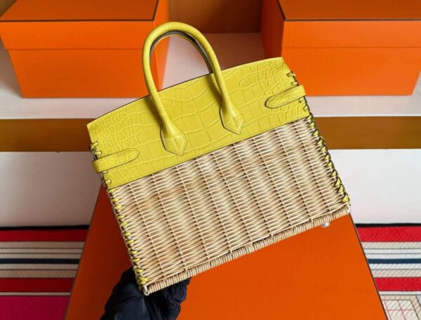 H Factory Bags Birkin Picnic Matte Alligator Crocodile & Bamboo Lemon Yellow Silver Hardware 25cm Full Handmade