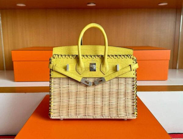 H Factory Bags Birkin Picnic Matte Alligator Crocodile & Bamboo Lemon Yellow Silver Hardware 25cm Full Handmade