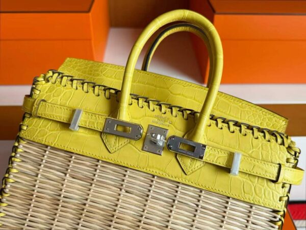 H Factory Bags Birkin Picnic Matte Alligator Crocodile & Bamboo Lemon Yellow Silver Hardware 25cm Full Handmade