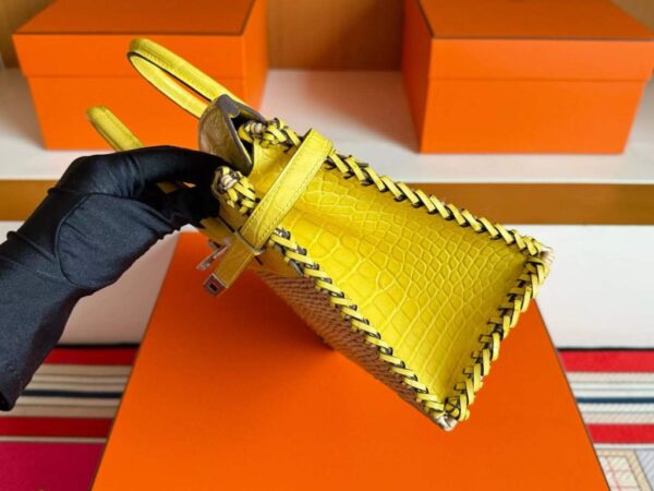H Factory Bags Birkin Picnic Matte Alligator Crocodile & Bamboo Lemon Yellow Silver Hardware 25cm Full Handmade