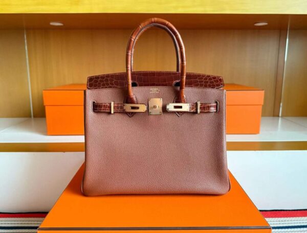 H Factory Bags Birkin Touch Shiny Crocodile & Chever Honey Brown Rose Gold Hardware 30cm Full Handmade