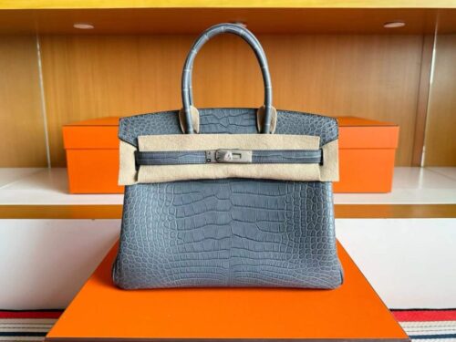 H Factory Bags Birkin Matte Alligator Crocodile Noble Grey Silver Hardware 30cm Full Handmade