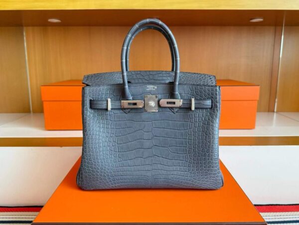 H Factory Bags Birkin Matte Alligator Crocodile Noble Grey Silver Hardware 30cm Full Handmade