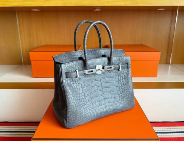 H Factory Bags Birkin Matte Alligator Crocodile Noble Grey Silver Hardware 30cm Full Handmade