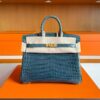 H Factory Bags Birkin Shiny Crocodile Leather Denim Blue Gold Hardware 25cm Full Handmade