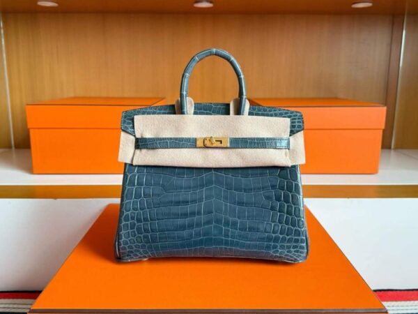 H Factory Bags Birkin Shiny Crocodile Leather Denim Blue Gold Hardware 25cm Full Handmade