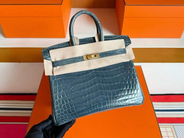 H Factory Bags Birkin Shiny Crocodile Leather Denim Blue Gold Hardware 25cm Full Handmade