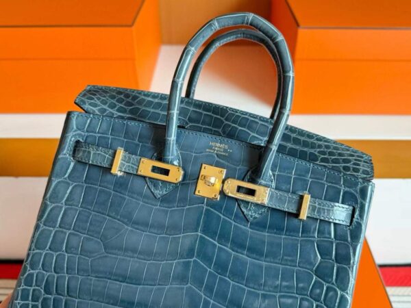 H Factory Bags Birkin Shiny Crocodile Leather Denim Blue Gold Hardware 25cm Full Handmade