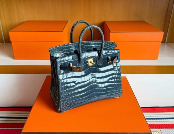 H Factory Bags Birkin Shiny Crocodile Leather Denim Blue Gold Hardware 25cm Full Handmade