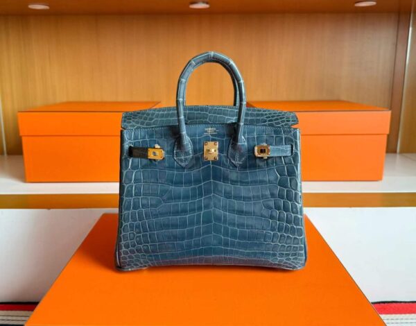 H Factory Bags Birkin Shiny Crocodile Leather Denim Blue Gold Hardware 25cm Full Handmade