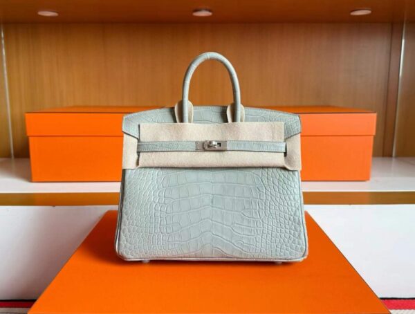 H Factory Bags Birkin Matte Alligator Crocodile Pearl Grey Silver Hardware 25cm Full Handmade