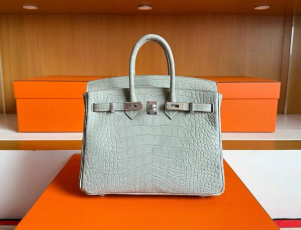 H Factory Bags Birkin Matte Alligator Crocodile Pearl Grey Silver Hardware 25cm Full Handmade