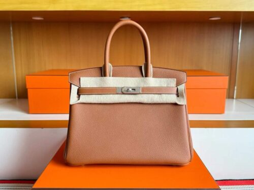 H Factory Bags Birkin Togo Leather CK37 Golden Brown Silver Hardware 30cm Full Handmade