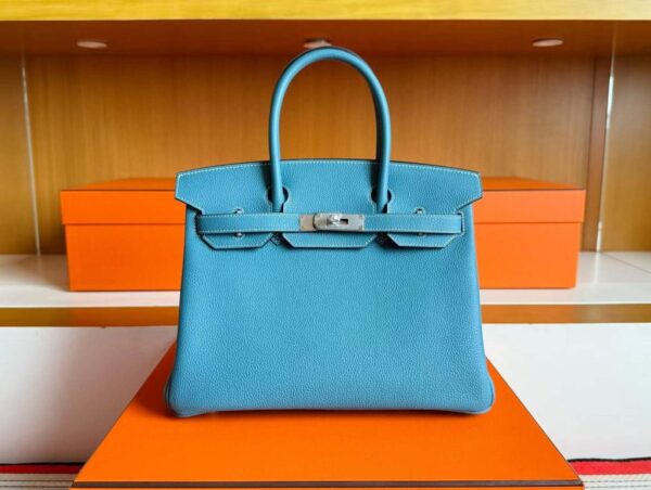 H Factory Bags Birkin Togo Leather Denim Blue Silver Hardware 30cm Full Handmade