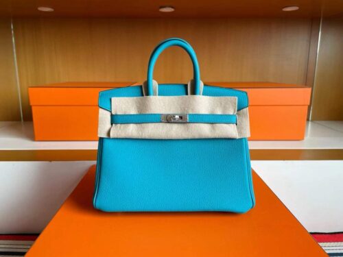 H Factory Bags Birkin Togo Leather Lake Blue Silver Hardware 25cm Full Handmade