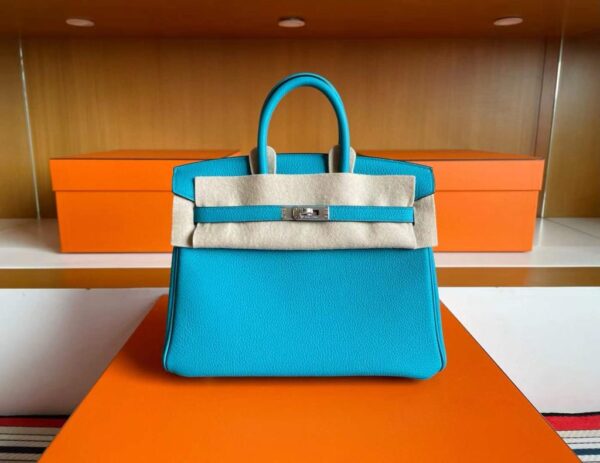 H Factory Bags Birkin Togo Leather Lake Blue Silver Hardware 25cm Full Handmade