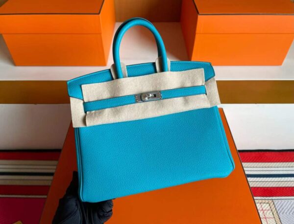 H Factory Bags Birkin Togo Leather Lake Blue Silver Hardware 25cm Full Handmade