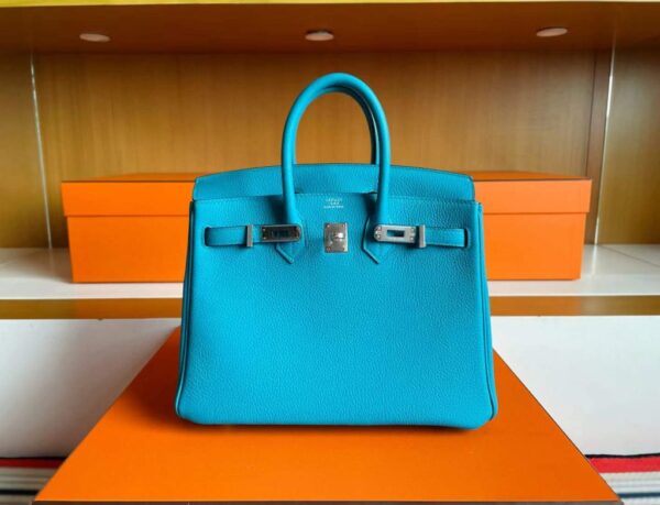 H Factory Bags Birkin Togo Leather Lake Blue Silver Hardware 25cm Full Handmade