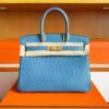 H Factory Bags Birkin Ostrich Leather Agate Blue Gold Hardware 30cm Full Handmade