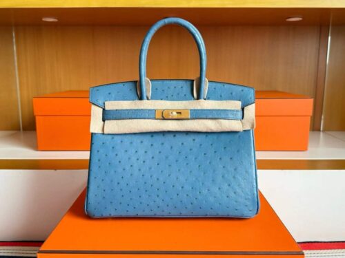 H Factory Bags Birkin Ostrich Leather Agate Blue Gold Hardware 30cm Full Handmade