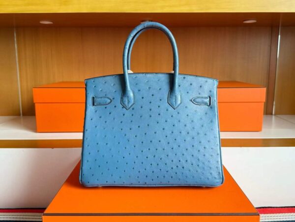 H Factory Bags Birkin Ostrich Leather Agate Blue Gold Hardware 30cm Full Handmade