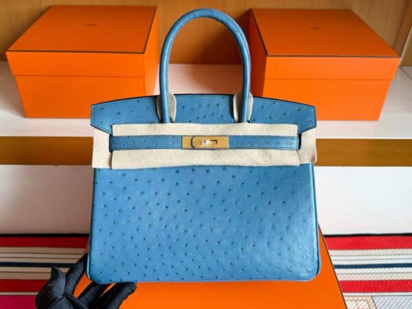 H Factory Bags Birkin Ostrich Leather Agate Blue Gold Hardware 30cm Full Handmade