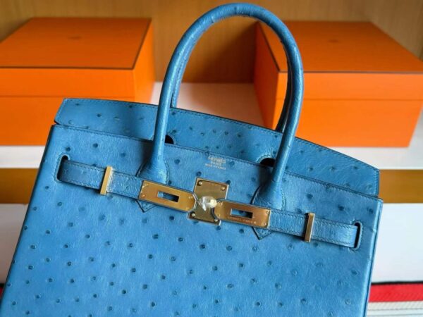 H Factory Bags Birkin Ostrich Leather Agate Blue Gold Hardware 30cm Full Handmade