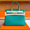 H Factory Bags Birkin Ostrich Leather Turquoise Green Gold Hardware 30cm Full Handmade