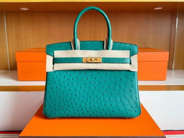 H Factory Bags Birkin Ostrich Leather Turquoise Green Gold Hardware 30cm Full Handmade
