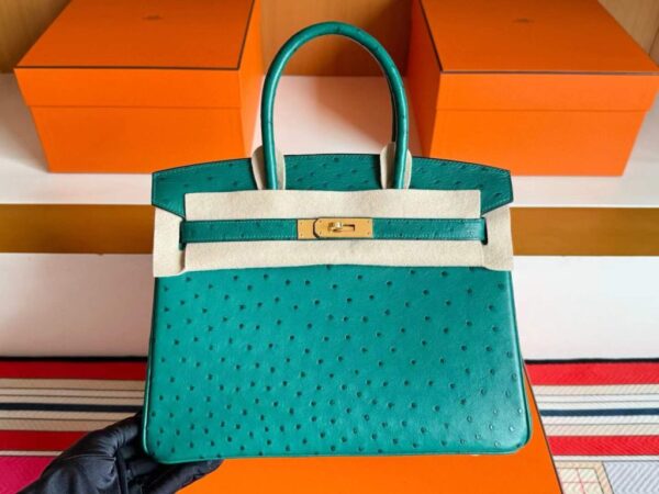 H Factory Bags Birkin Ostrich Leather Turquoise Green Gold Hardware 30cm Full Handmade
