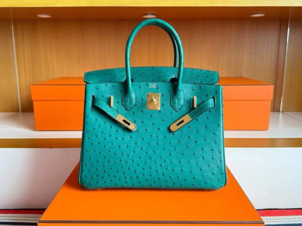 H Factory Bags Birkin Ostrich Leather Turquoise Green Gold Hardware 30cm Full Handmade