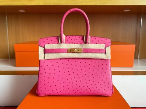 H Factory Bags Birkin Ostrich Leather Rose Pink Gold Hardware 30cm Full Handmade