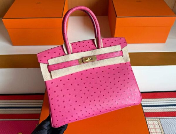 H Factory Bags Birkin Ostrich Leather Rose Pink Gold Hardware 30cm Full Handmade
