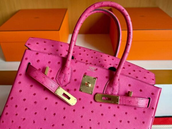 H Factory Bags Birkin Ostrich Leather Rose Pink Gold Hardware 30cm Full Handmade