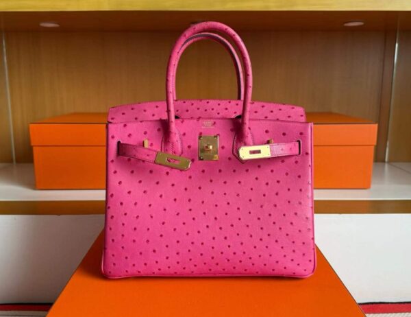 H Factory Bags Birkin Ostrich Leather Rose Pink Gold Hardware 30cm Full Handmade