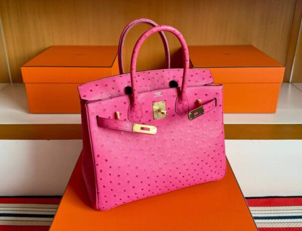 H Factory Bags Birkin Ostrich Leather Rose Pink Gold Hardware 30cm Full Handmade