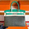 H Factory Bags Birkin Ostrich & Swift Leather Etoupe Grey & Green Silver Hardware 30cm Full Handmade