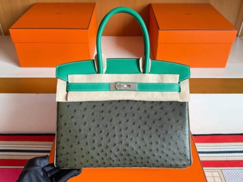 H Factory Bags Birkin Ostrich & Swift Leather Etoupe Grey & Green Silver Hardware 30cm Full Handmade