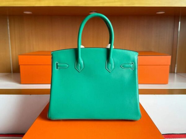 H Factory Bags Birkin Ostrich & Swift Leather Etoupe Grey & Green Silver Hardware 30cm Full Handmade