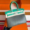 H Factory Bags Birkin Ostrich & Swift Leather Etoupe Grey & Green Silver Hardware 30cm Full Handmade