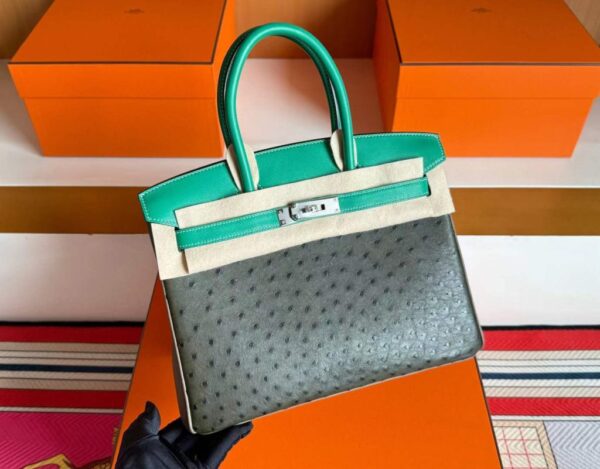 H Factory Bags Birkin Ostrich & Swift Leather Etoupe Grey & Green Silver Hardware 30cm Full Handmade