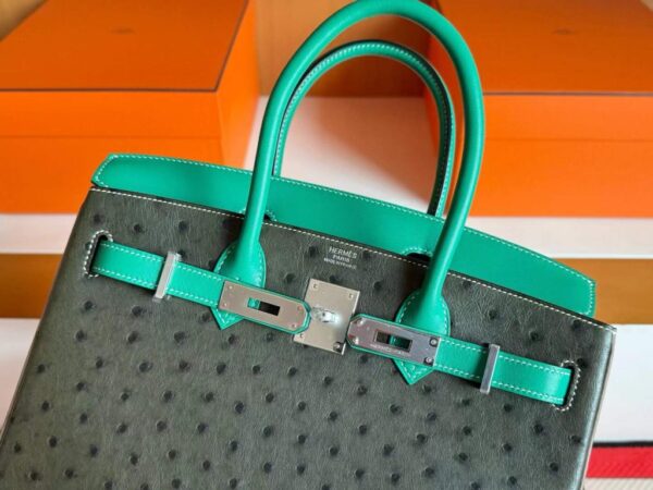 H Factory Bags Birkin Ostrich & Swift Leather Etoupe Grey & Green Silver Hardware 30cm Full Handmade