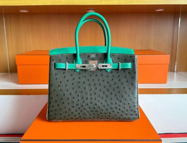H Factory Bags Birkin Ostrich & Swift Leather Etoupe Grey & Green Silver Hardware 30cm Full Handmade