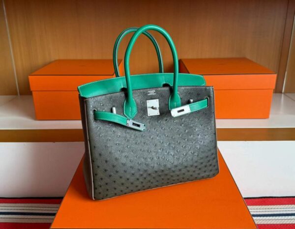 H Factory Bags Birkin Ostrich & Swift Leather Etoupe Grey & Green Silver Hardware 30cm Full Handmade