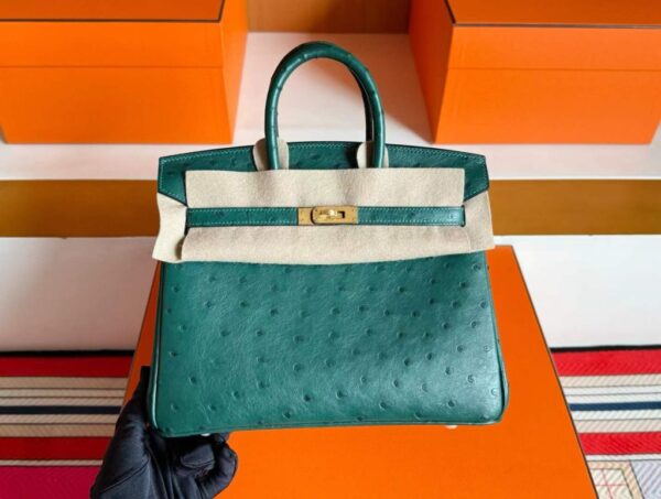 H Factory Bags Birkin Ostrich Leather Cypress Green Gold Hardware 25cm Full Handmade