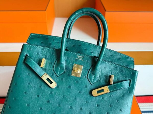 H Factory Bags Birkin Ostrich Leather Cypress Green Gold Hardware 25cm Full Handmade