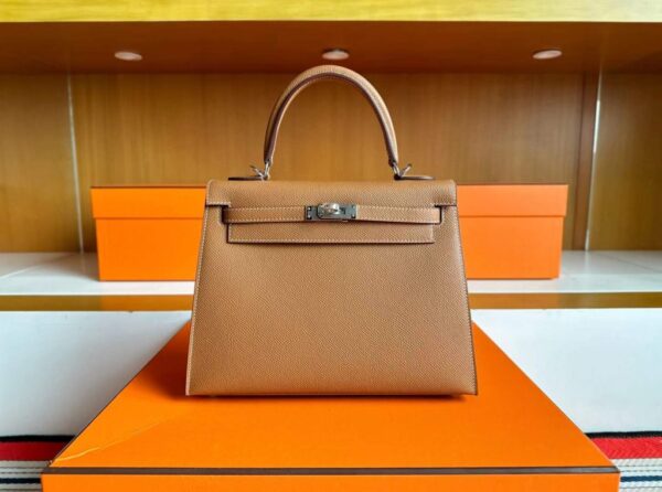 H Factory Bags Kelly Epsom Leather Golden Brown Silver Hardware 25cm Full Handmade
