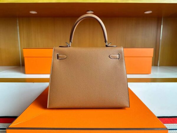 H Factory Bags Kelly Epsom Leather Golden Brown Silver Hardware 25cm Full Handmade