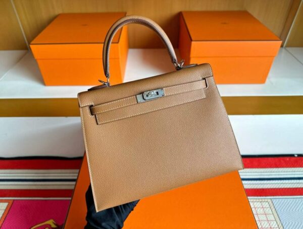 H Factory Bags Kelly Epsom Leather Golden Brown Silver Hardware 25cm Full Handmade