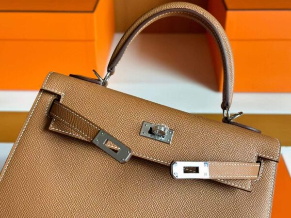 H Factory Bags Kelly Epsom Leather Golden Brown Silver Hardware 25cm Full Handmade